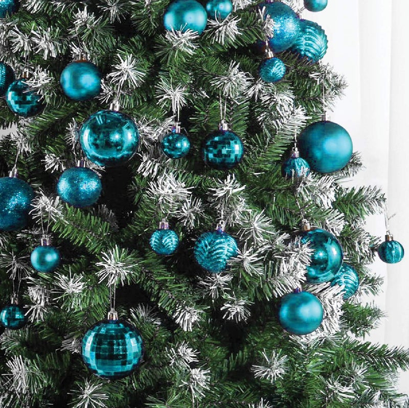 Prextex Acid Blue Christmas Ball Ornaments for Christmas Decorations - 36 Pieces Xmas Tree Shatterproof Ornaments with Hanging Loop for Holiday and Party Decoration (Combo of 6 Styles in 3 Sizes) - Image 5