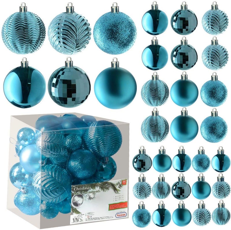 Prextex Acid Blue Christmas Ball Ornaments for Christmas Decorations - 36 Pieces Xmas Tree Shatterproof Ornaments with Hanging Loop for Holiday and Party Decoration (Combo of 6 Styles in 3 Sizes) - Image 1