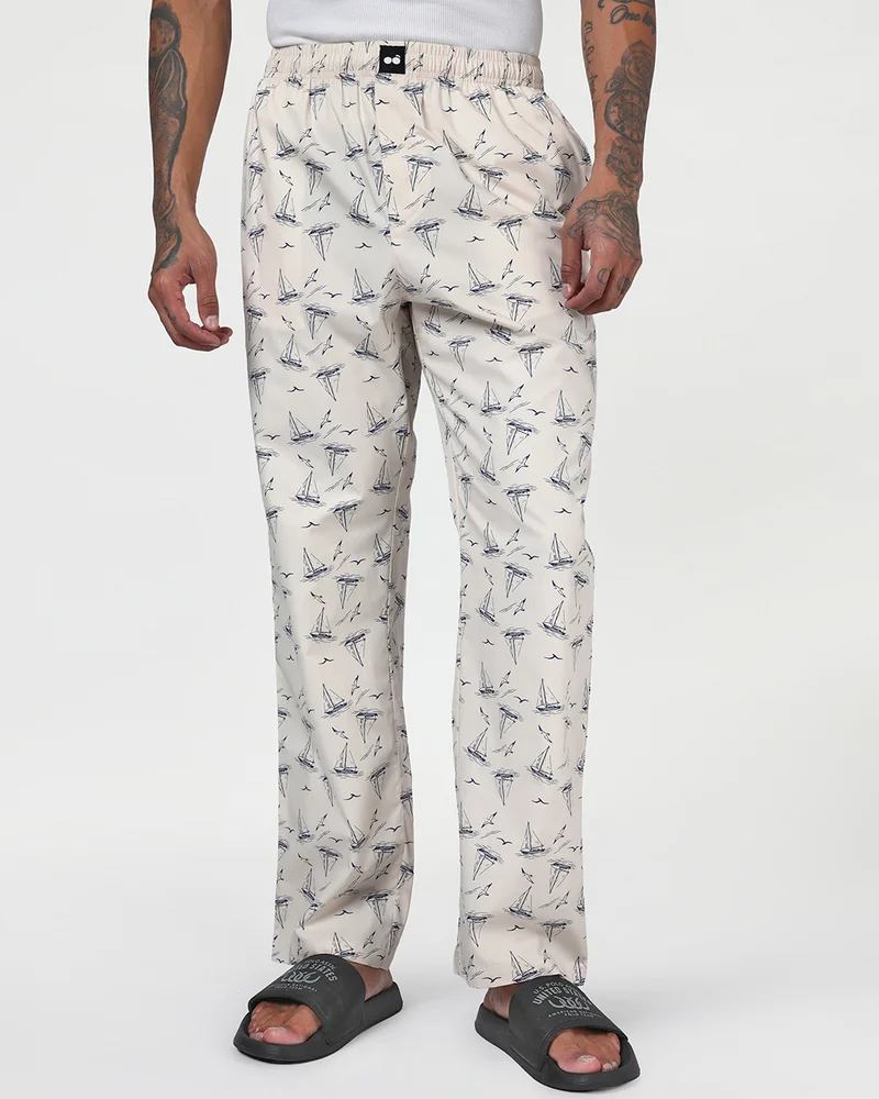 bewakoof Men's Beige All Over Printed Pyjamas