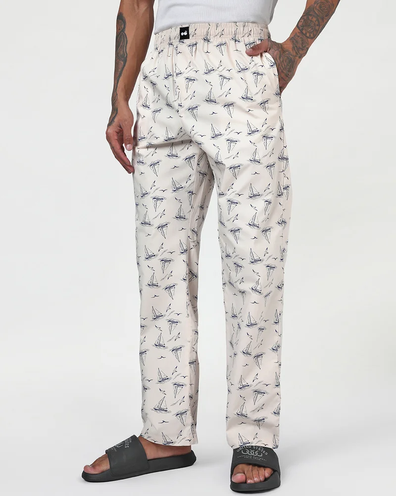 bewakoof Men's Beige All Over Printed Pyjamas