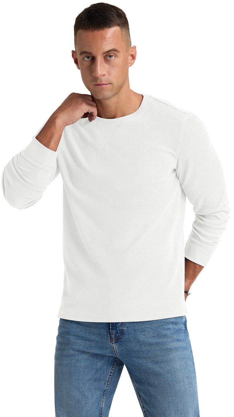 NITAGUT Mens Waffle Crewneck Shirts Slim Fit Long Sleeve Casual T-Shirt,White, Large - Image 4
