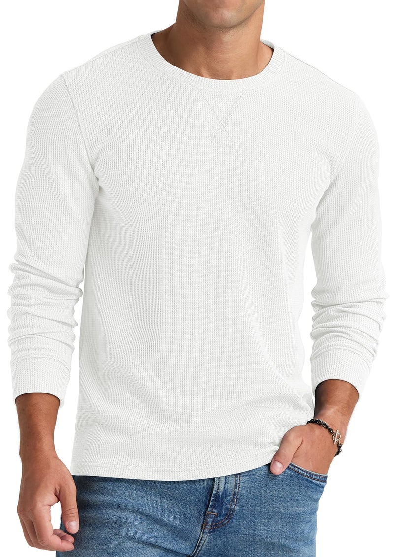 NITAGUT Mens Waffle Crewneck Shirts Slim Fit Long Sleeve Casual T-Shirt,White, Large - Image 3