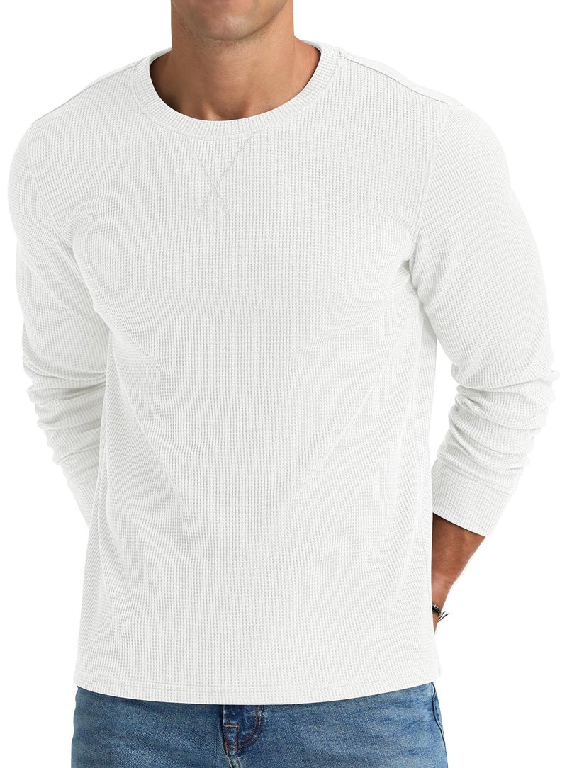 NITAGUT Mens Waffle Crewneck Shirts Slim Fit Long Sleeve Casual T-Shirt,White, Large - Image 1
