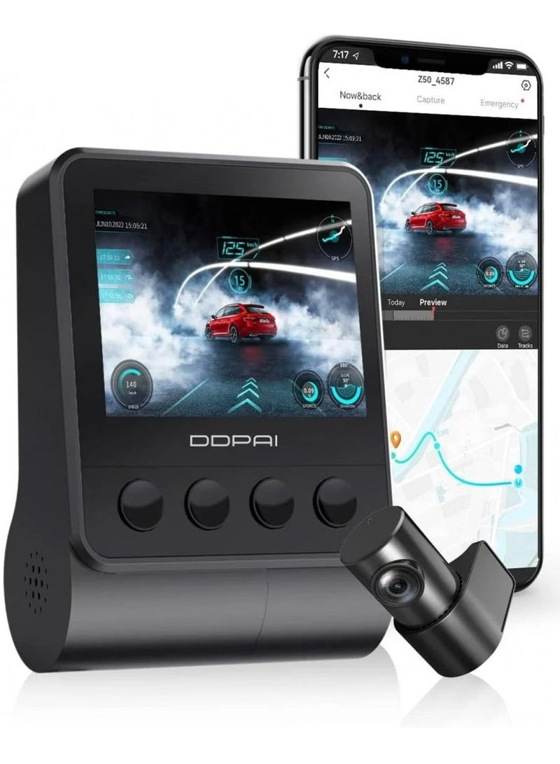 DDPAI Z50 4K Dash Cam Front and Rear, Built-in GPS WIFI 2160P Front 1080P Rear Daul Dash Camera for Cars Sony IMX415 Sensor Super Night Vision Dual Storage Design 24H Parking Mode G-Sensor Z50-GPS - Image 3