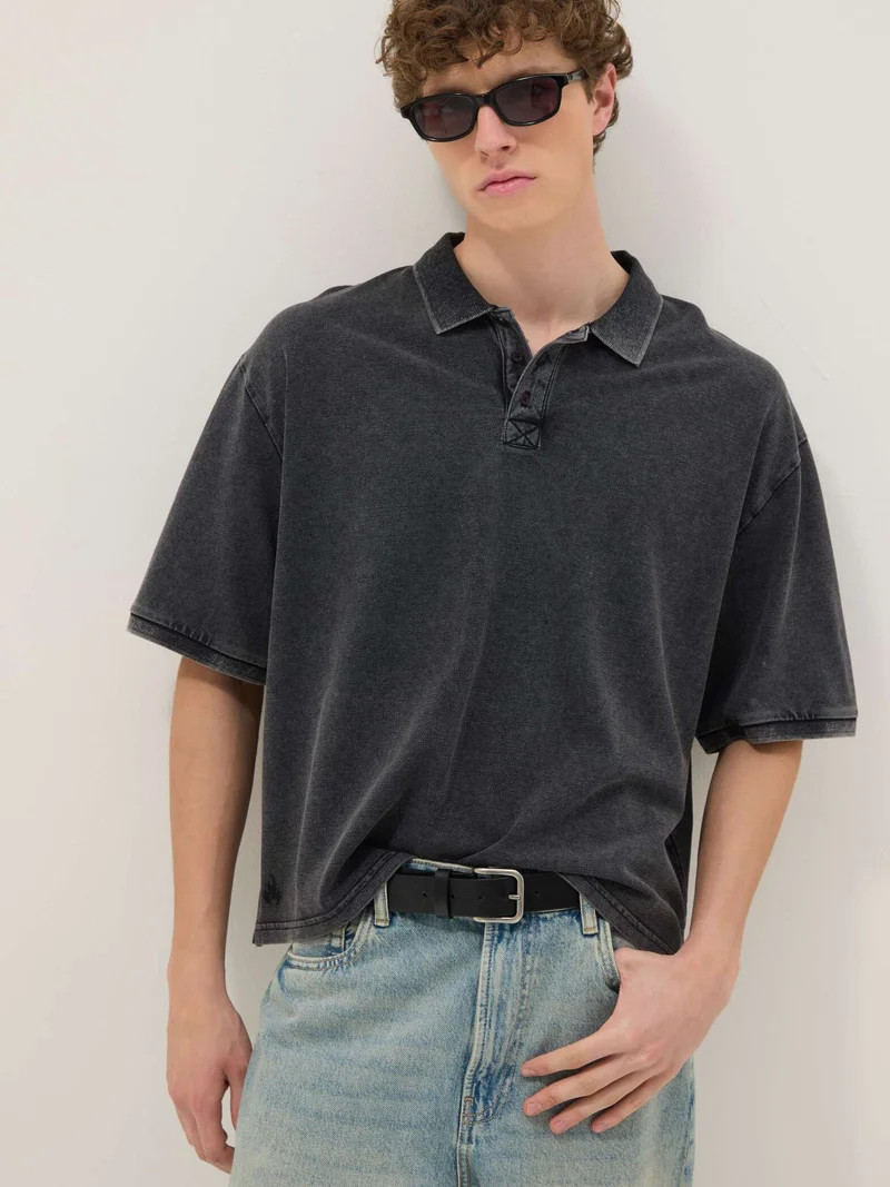 او في اس OVS Black Pure Cotton Regular Fit Short Sleeve Polo