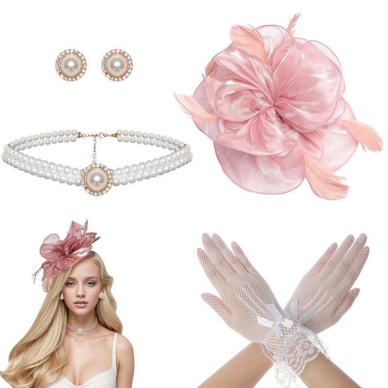 Heliltd 4Pcs Tea Party Fascinator Hat for Women Flower Fascinators for Women Feather Hat Lace Glove Pearl Jewelry Set - Image 1