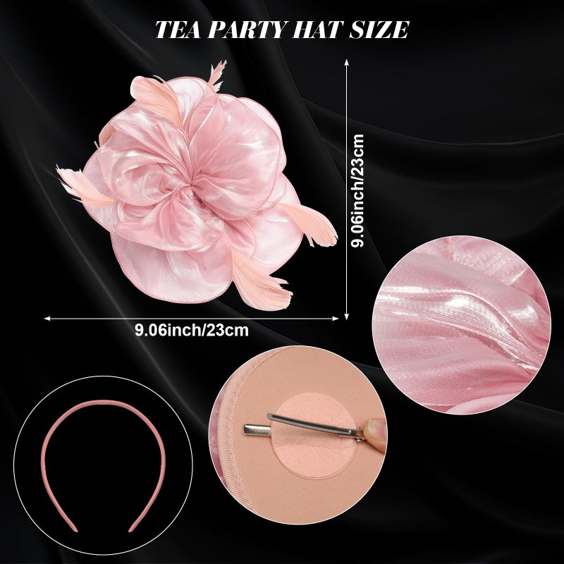 Heliltd 4Pcs Tea Party Fascinator Hat for Women Flower Fascinators for Women Feather Hat Lace Glove Pearl Jewelry Set - Image 2