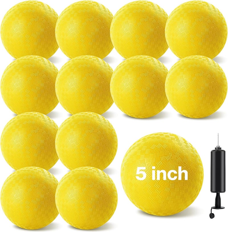 HSLCGF 12 Pack Dodgeballs 5 Inch Playground Ball Kickball Yellow Inflatable Rubber Handball Bouncy Dodge Ball with 1 Hand Pump for Outdoors Ball Games Gym Camps Picnic - Image 1