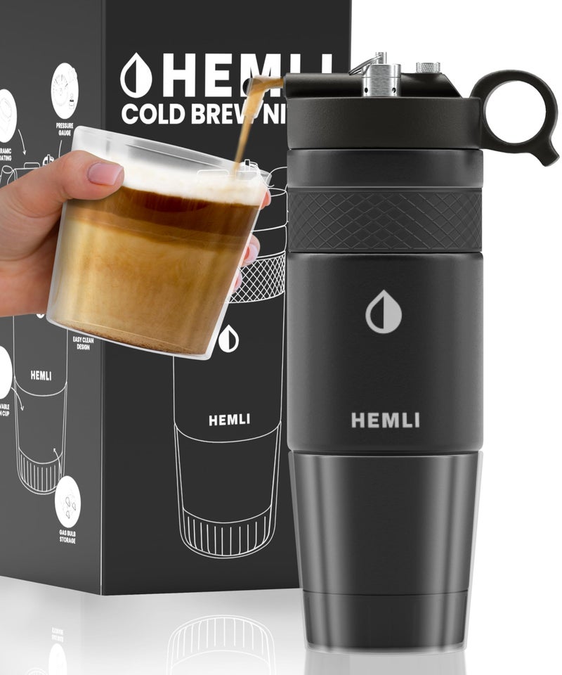 Hemli Nitro Cold Brew Coffee Maker 12 oz CeramicLined Tritan Cup Pressure Gauge Stores 3 Nitrogen Gas Bulbs Custom Designed for Cold Brew and Nitro Drinks - Image 3