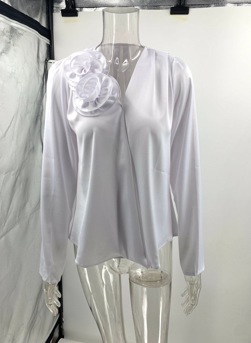 Shougu New V-neck Floral Decoration Satin Long Sleeved Shirt  - Image 4