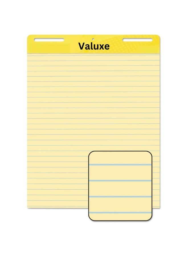 Valuxe سپر سٹکی وال ایسل پیڈ 22 x 23 انچ فلپ چارٹ پیپر اساتذہ کے لیے 30 شیٹس/پیڈ 2 پیڈ پورٹ ایبل پیلا کاغذ لائنوں کے ساتھ، پورٹ ایبلٹی کے لیے رولز کمانڈ سٹرپس کے ساتھ ہینگ