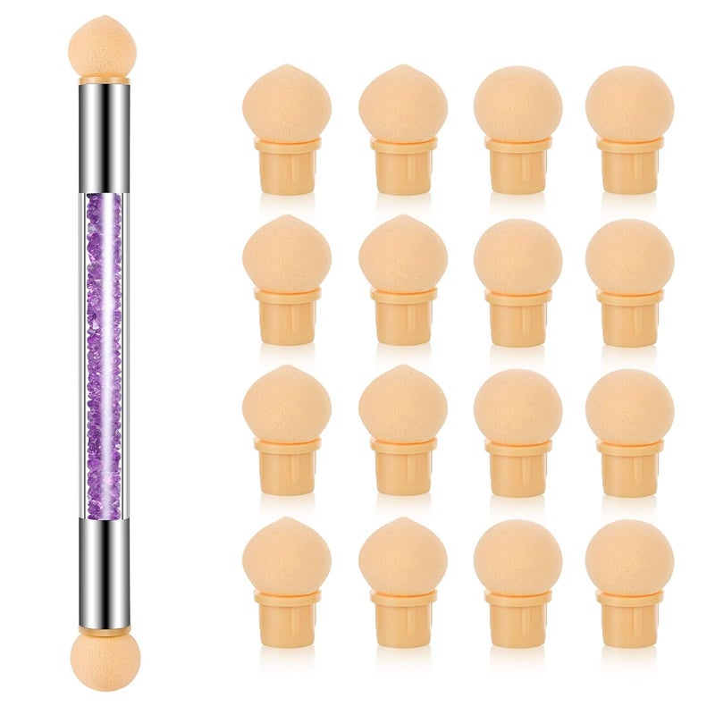 17 Pcs in 1 Set Nail Sponges for Ombre DoubleHead Ombre Brush for Gel Nails with 16 Pcs Replacement Head Purple