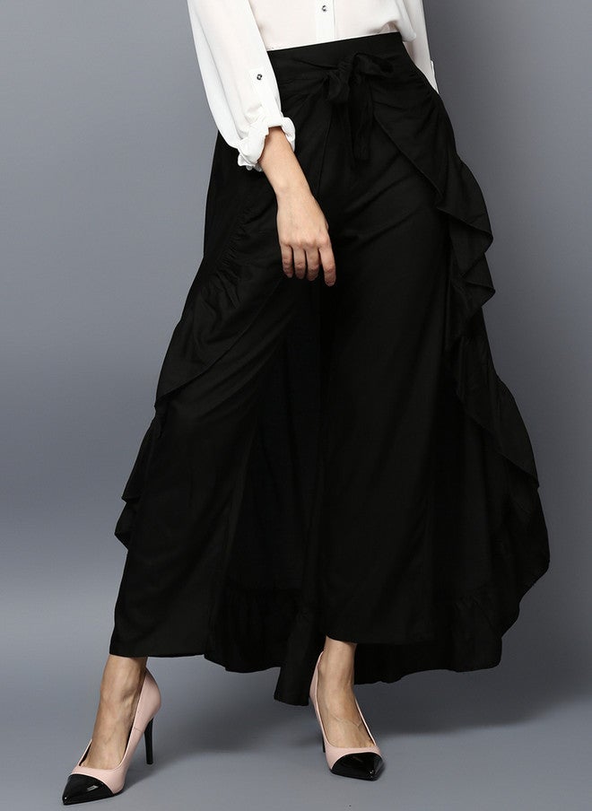 StyleStone Women Black Solid Ruffled Flared Maxi Skirt with Attached Trousers - Image 1