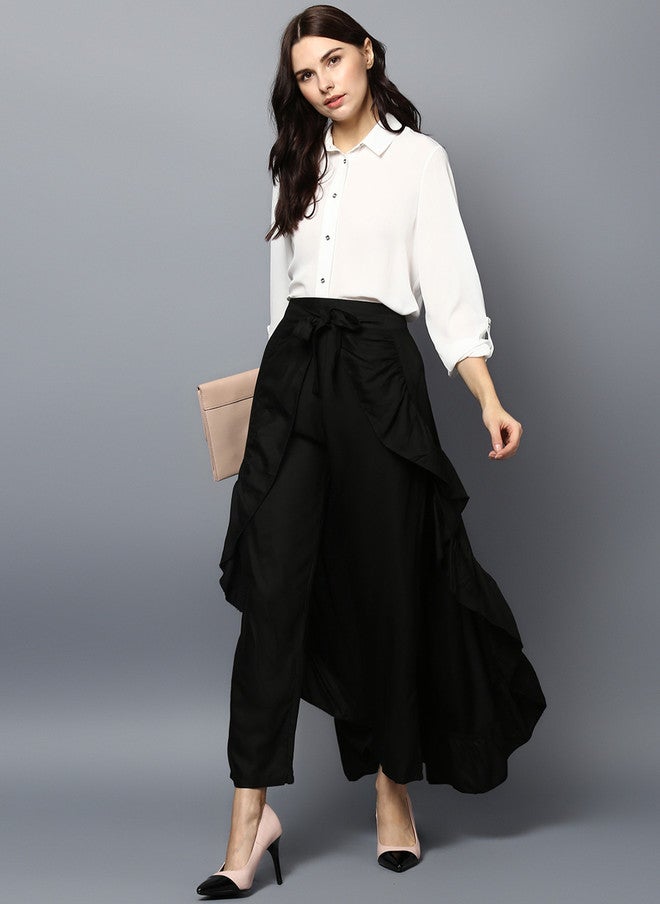 StyleStone Women Black Solid Ruffled Flared Maxi Skirt with Attached Trousers - Image 5
