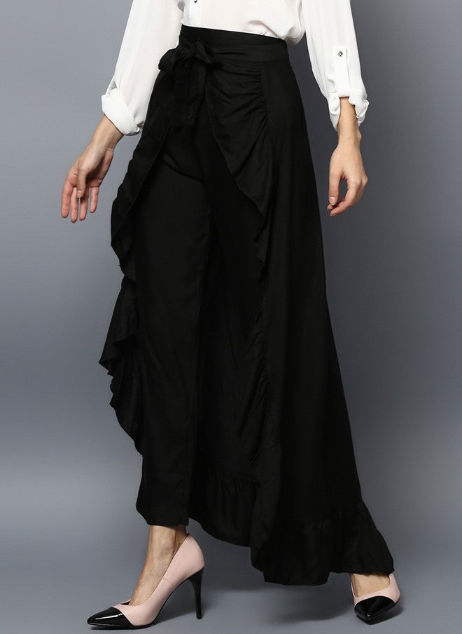 StyleStone Women Black Solid Ruffled Flared Maxi Skirt with Attached Trousers - Image 2