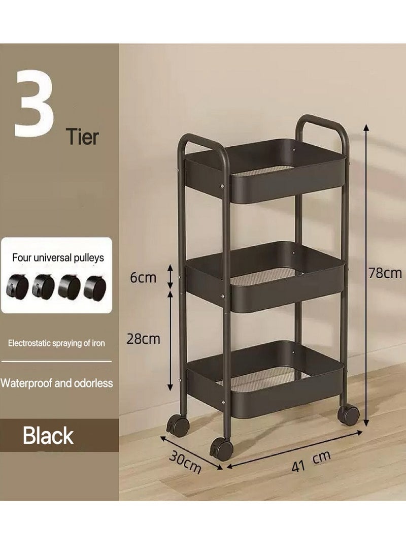 3-Tier Rolling Shelves Metal Cart Organizer Black 71x41x28 CM, Mobile metal storage cart with  360°wheels,Cart System for Kitchen, Office, Bathroom - Image 5