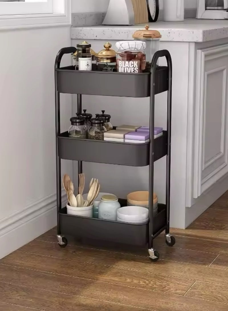 3-Tier Rolling Shelves Metal Cart Organizer Black 71x41x28 CM, Mobile metal storage cart with  360°wheels,Cart System for Kitchen, Office, Bathroom - Image 4