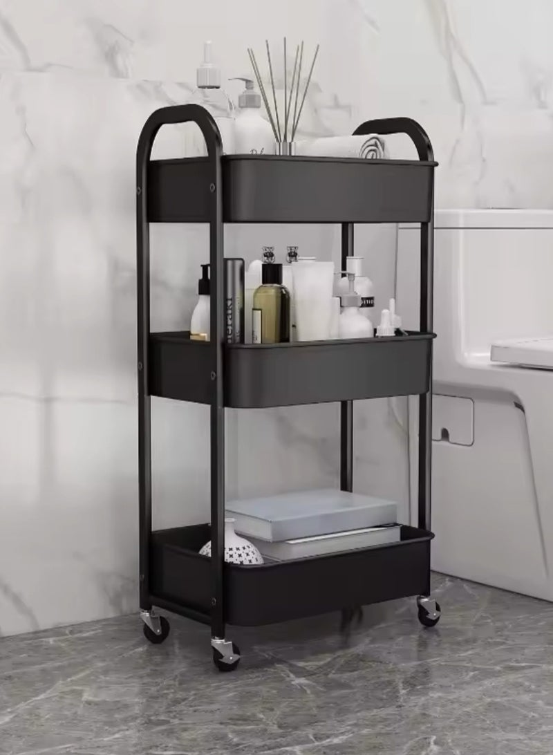 3-Tier Rolling Shelves Metal Cart Organizer Black 71x41x28 CM, Mobile metal storage cart with  360°wheels,Cart System for Kitchen, Office, Bathroom - Image 3