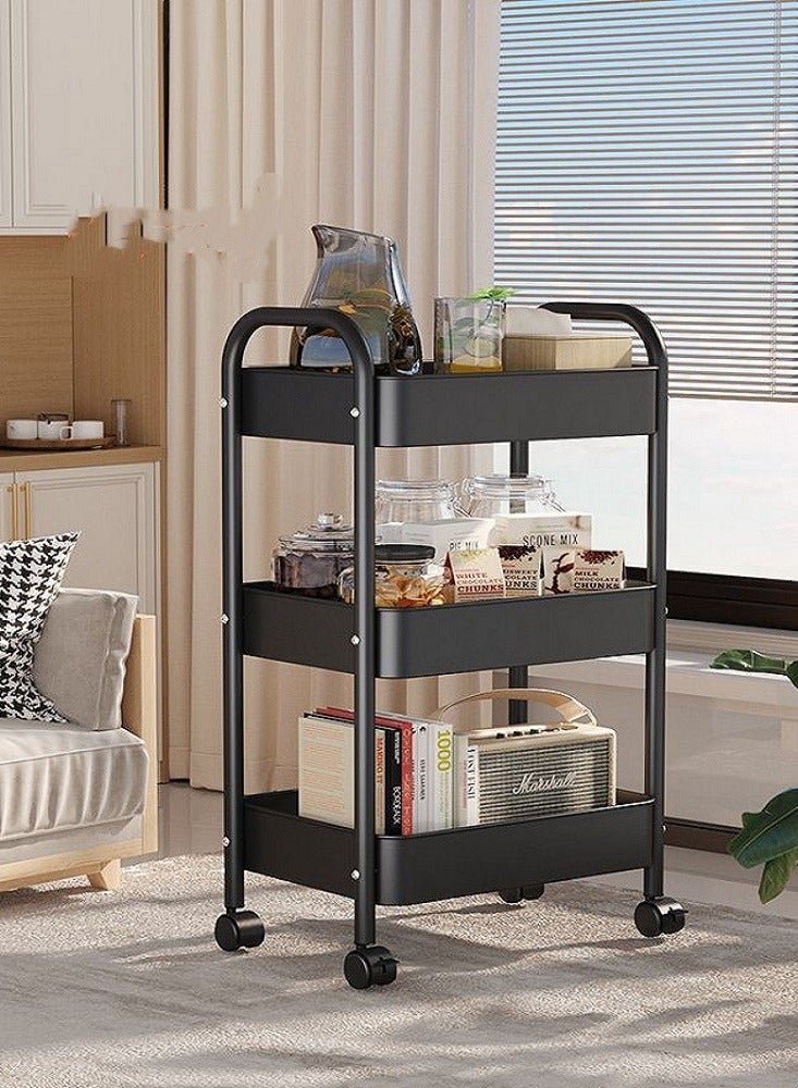 3-Tier Rolling Shelves Metal Cart Organizer Black 71x41x28 CM, Mobile metal storage cart with  360°wheels,Cart System for Kitchen, Office, Bathroom - Image 1