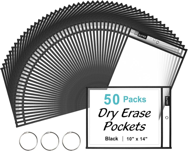 SUNEE 50 Packs Oversized Reusable Dry Erase Pocket Sleeves with 3 Rings, Black 10x14 Ticket Holders, Clear Plastic Sheet Protectors, Teacher School Classroom Supplies - Image 1