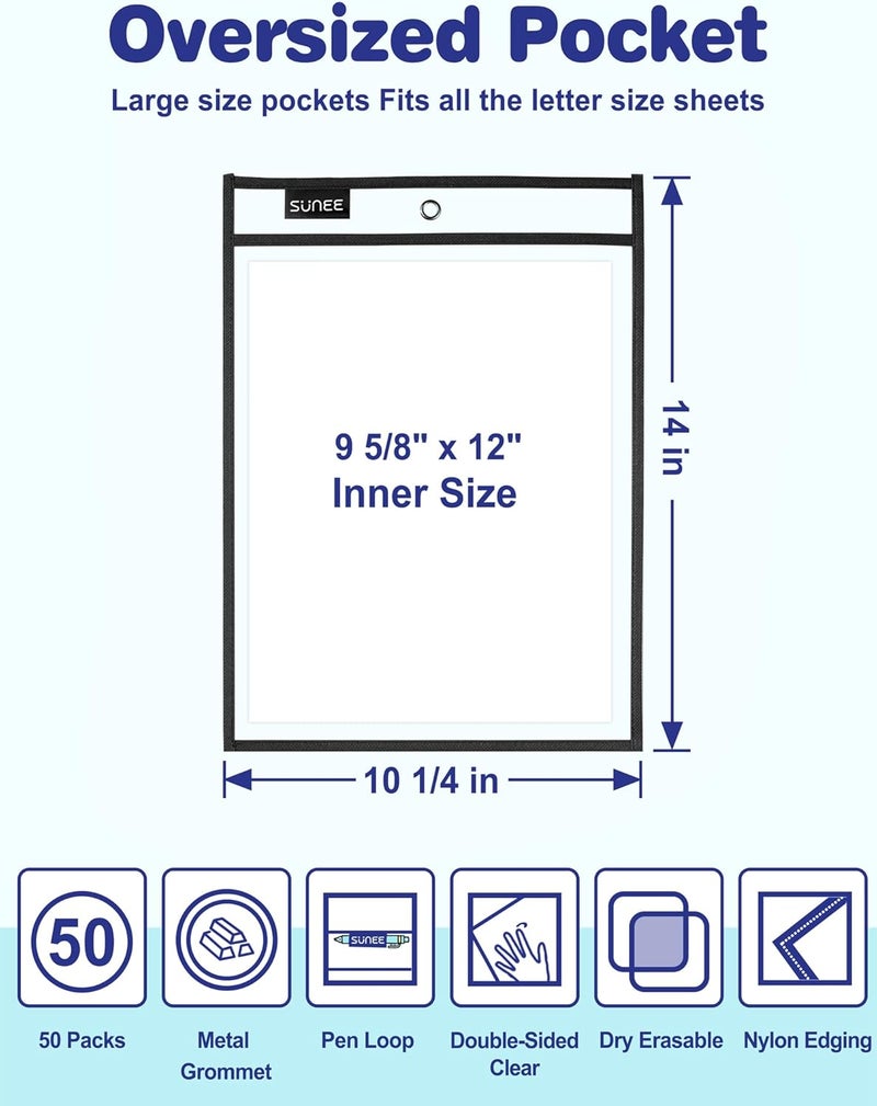 SUNEE 50 Packs Oversized Reusable Dry Erase Pocket Sleeves with 3 Rings, Black 10x14 Ticket Holders, Clear Plastic Sheet Protectors, Teacher School Classroom Supplies - Image 2