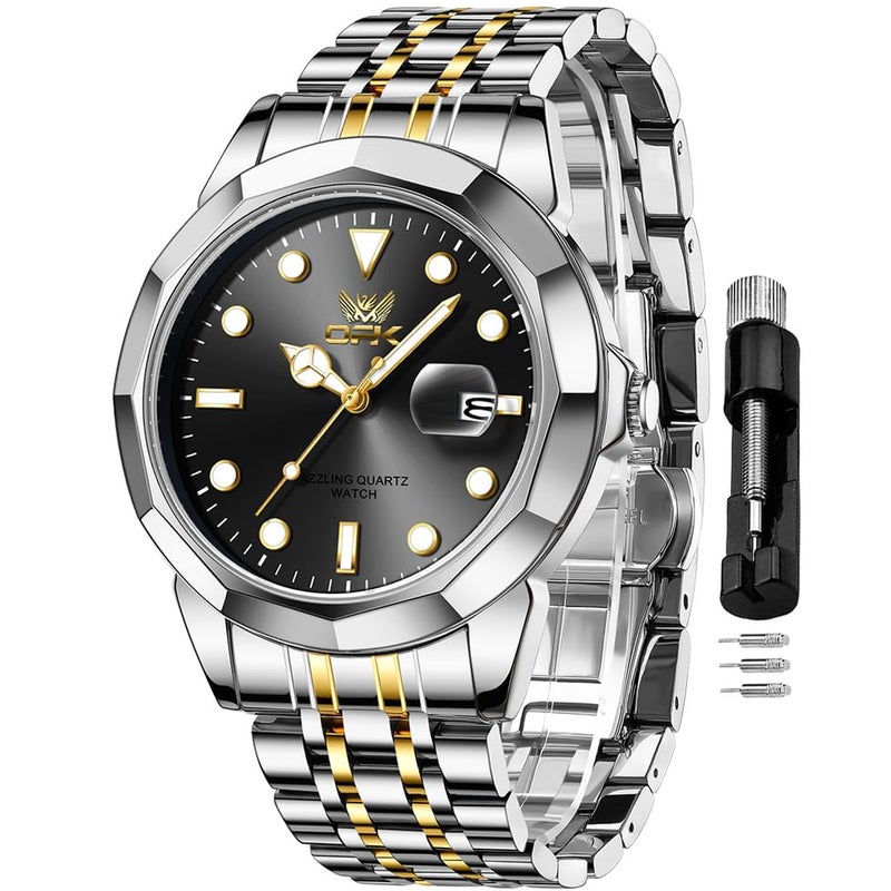 OPK Watch for Men Gold Black Simple Fashion Stainless Steel Analog Mens Wrist Watch Large Dial Waterproof Date Casual Watch for Man - Image 1
