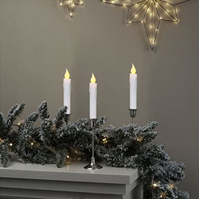 CVHOMEDECO . Flickering Taper Candles LED Drip Flameless Candles, Battery Operated with Timer, White, 6-3/4 Inch, Set of 6 - Image 3