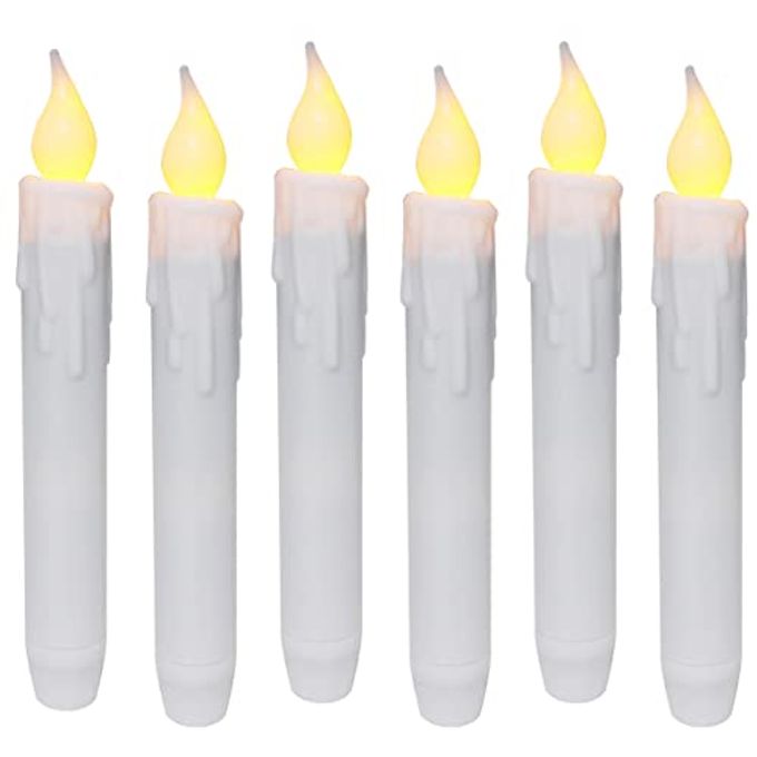 CVHOMEDECO . Flickering Taper Candles LED Drip Flameless Candles, Battery Operated with Timer, White, 6-3/4 Inch, Set of 6 - Image 4