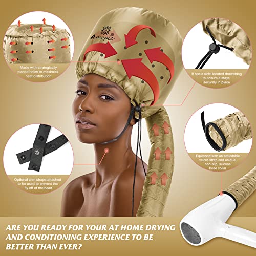 Amzpic Bonnet Hood Hair Dryer Attachment - Soft, Adjustable Extra Large Bonnet Hair Dryer for Speeds Up Drying Time at Home, Easy to Use for Styling, Curling and Deep Conditioning (Gold) - Image 2