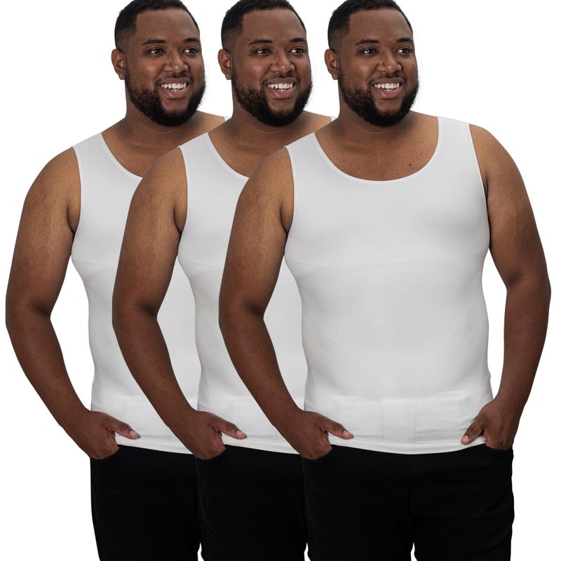 QORE LOGIQ Gynecomastia Compression Shirts for Men - Sleeveless Slimming Undershirts Tummy Control and Body Shaper Tank Top White 2XLT (Tall Fit) 3Packs - Image 1
