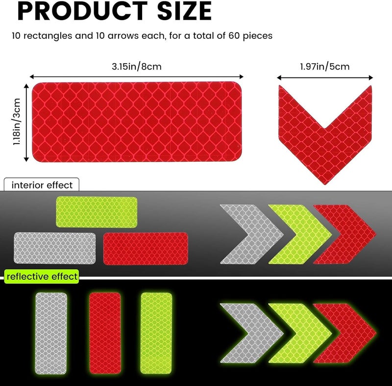 Piriuuo Pack of 60 Reflector Stickers, Reflector Stickers, Safety Warning Tape, Reflective Tape, Self-Adhesive Safety Stickers for Bicycle, Helmets, Pushchairs, Motorcycles, Scooters, Car, 3 Colours - Image 2