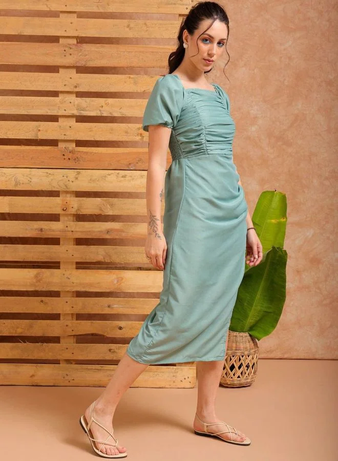 Freehand  Women Fit and Flared Solid Square Neck Short Sleeve Pleated Dress for Women | Best Price UAE