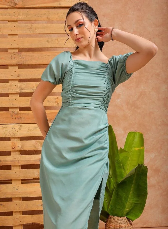 Freehand  Women Fit and Flared Solid Square Neck Short Sleeve Pleated Dress for Women | Best Price UAE
