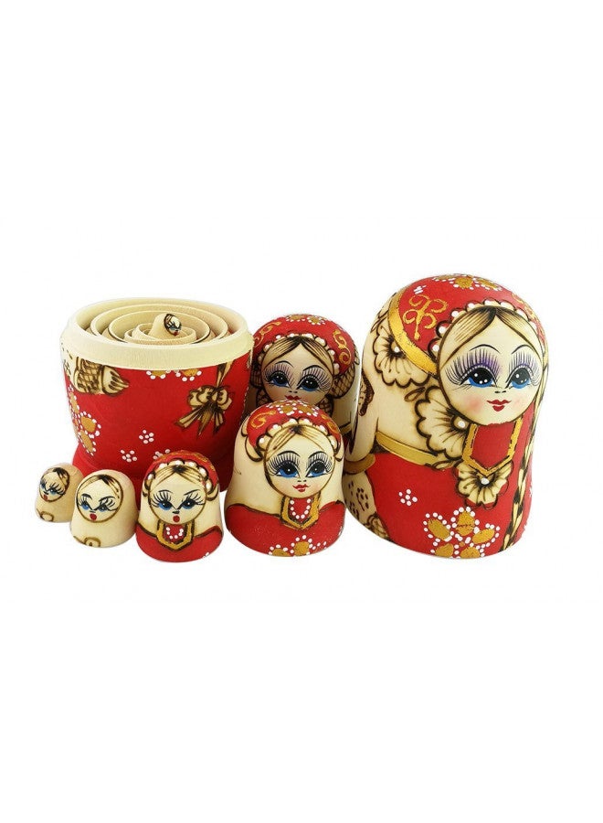 Winterworm Set of 7 7pcs Red Big Braid Montessori Nesting Dolls Russian Wooden Matryoshka Birthday Gifts Home Decoration Preschool Toy - Image 4