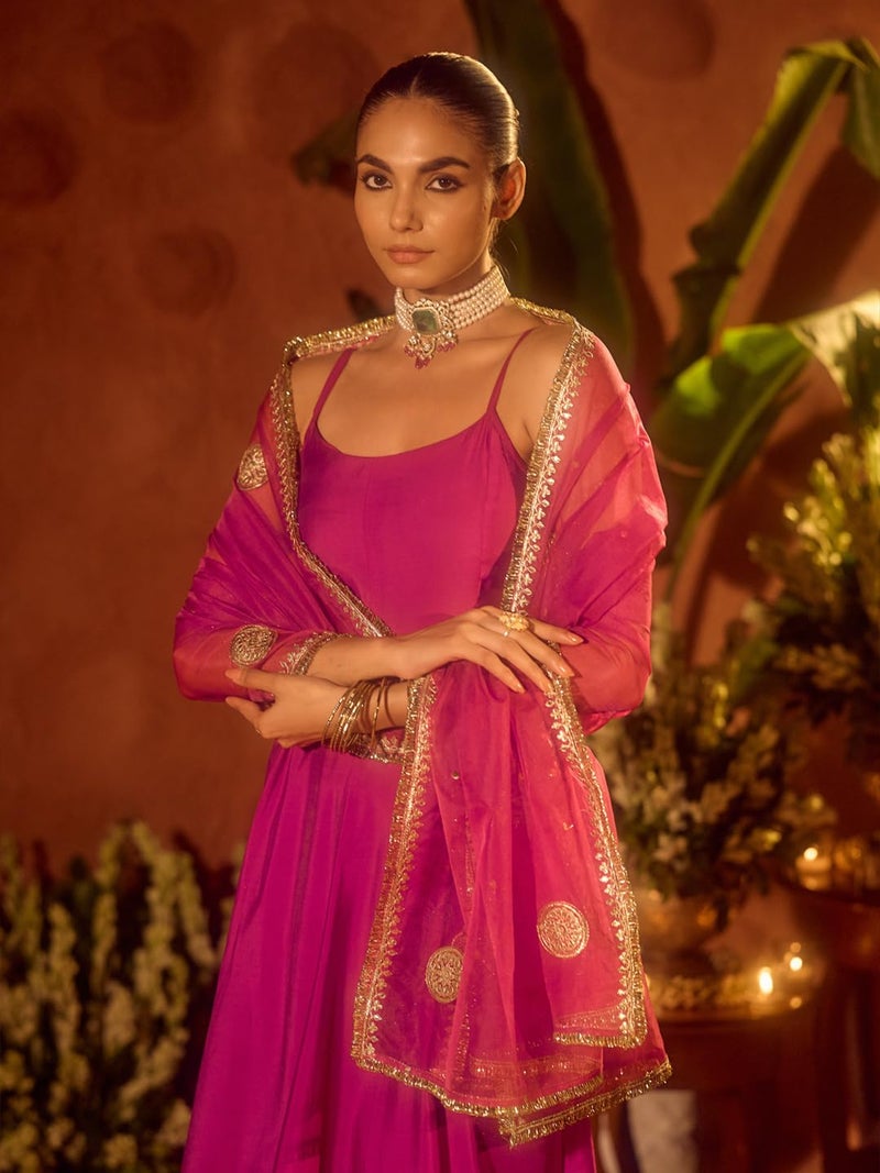 FIORRA Women’s Pink Viscose Chanderi Embroidered & Gota Patti Work Ethnic A-Line Kurta Set with Dupatta SET0220 - Image 5