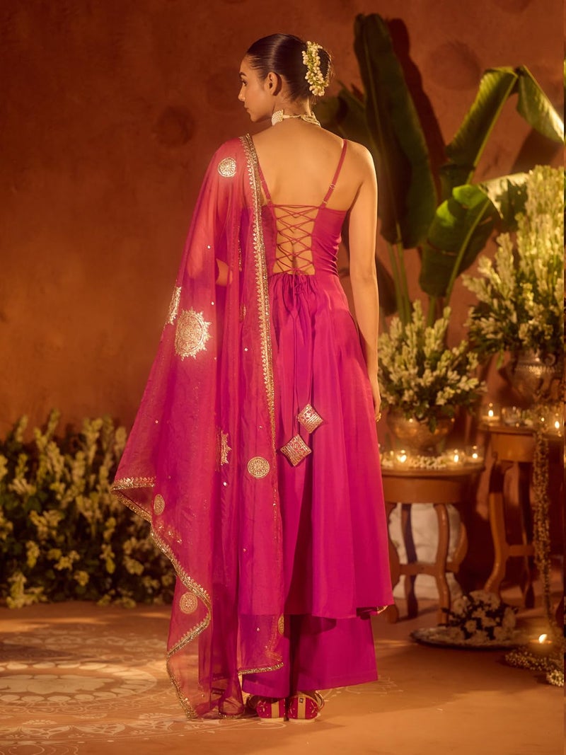 FIORRA Women’s Pink Viscose Chanderi Embroidered & Gota Patti Work Ethnic A-Line Kurta Set with Dupatta SET0220 - Image 2
