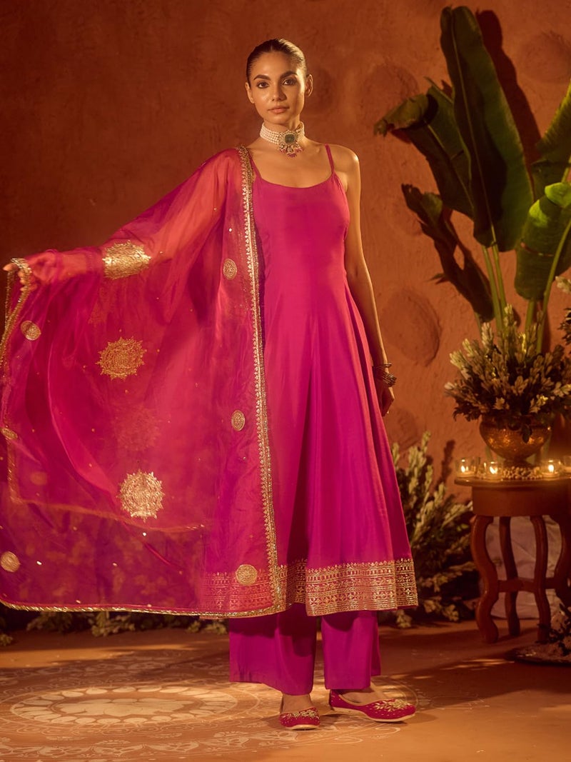 FIORRA Women’s Pink Viscose Chanderi Embroidered & Gota Patti Work Ethnic A-Line Kurta Set with Dupatta SET0220 - Image 4