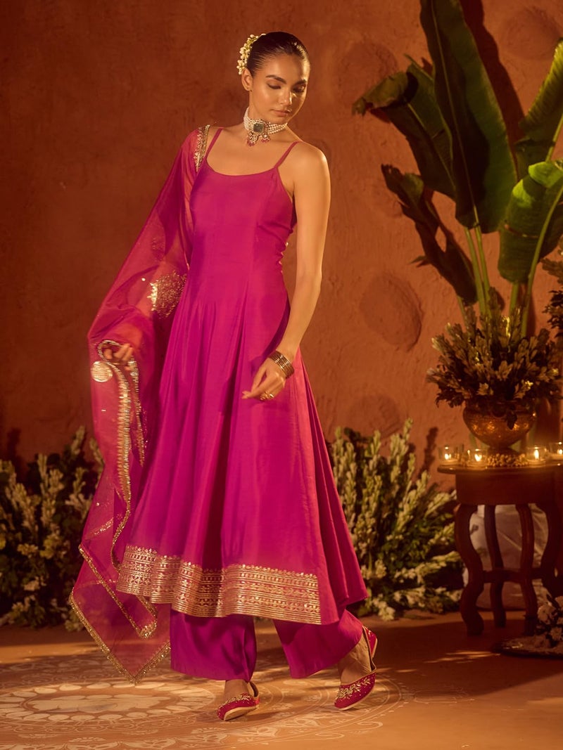 FIORRA Women’s Pink Viscose Chanderi Embroidered & Gota Patti Work Ethnic A-Line Kurta Set with Dupatta SET0220 - Image 3