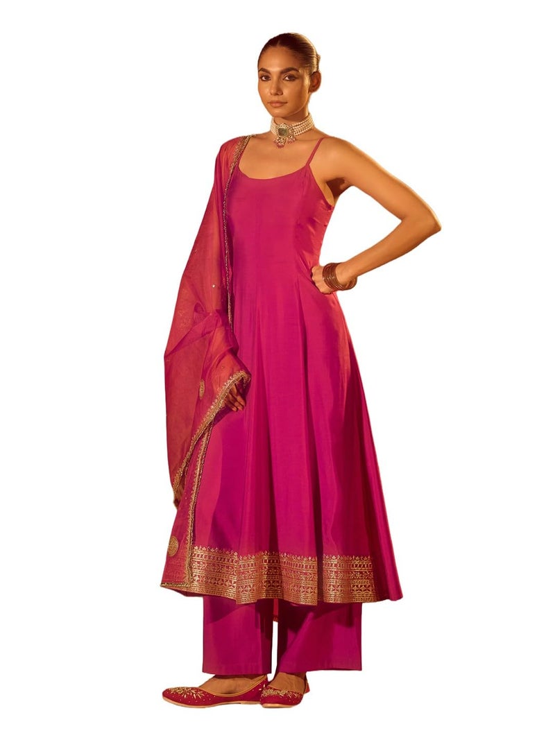 FIORRA Women’s Pink Viscose Chanderi Embroidered & Gota Patti Work Ethnic A-Line Kurta Set with Dupatta SET0220 - Image 1
