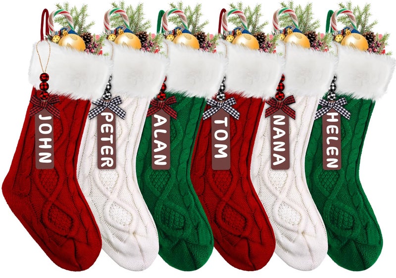 XIMISHOP 6PACK Christmas Stockings18Inches Large Cable Knitted Stocking Personalized Xmas Hanging Stocking Decorations with Name Tags for Holiday Christmas Party Family DecorGreen Red White