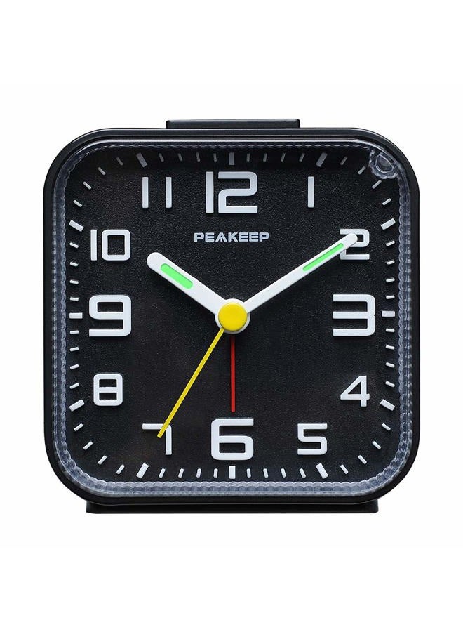 Peakeep 3D Numbers No Tick-Tock Analog Alarm Clock with Classic Beep Sound, Snooze, Manual Light and Battery Powered Small for Travel (Black-3D) - Image 1