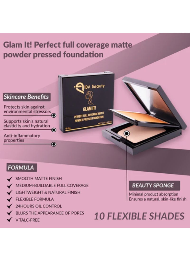 IDA Beauty - Glam It! Perfect Full Coverage Matte Powder Pressed Foundation | 2-in-1 Setting & Foundation | Matte Finish, Long-Lasting, Lightweight | Vegan, Halal, Cruelty-Free - Image 1