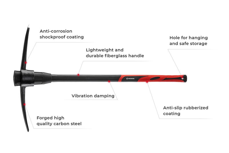 INTERTOOL Pick Axe for Digging - 36â€ Heavy Duty Garden Mattock Pickaxe - Rust Resistant Steel with Adze Hoe & Shock Absorbing Fiberglass Anti-Slip Handle - Cultivate, Loosen Soil, Dig - HT08-0305 - Image 2