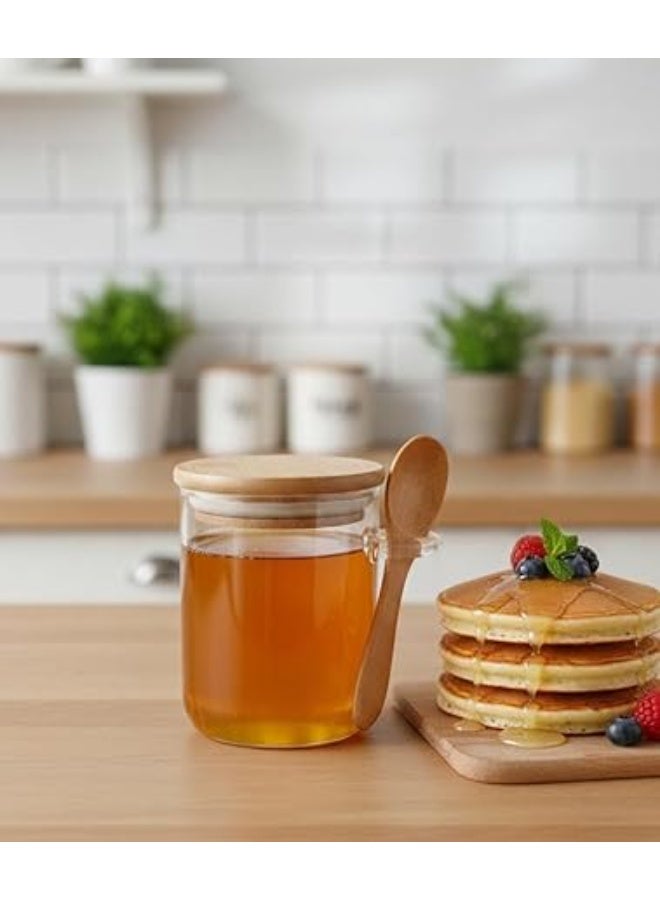 سبيس شوب وعاء توابل زجاجي سعة 200 مل مع غطاء وملعقة من الخيزران زجاج بوروسيليكات شفاف غطاء خشبي محكم الإغلاق مع حامل ملعقة مدمج مثالي للسكر والملح والقهوة والتوابل - Image 2