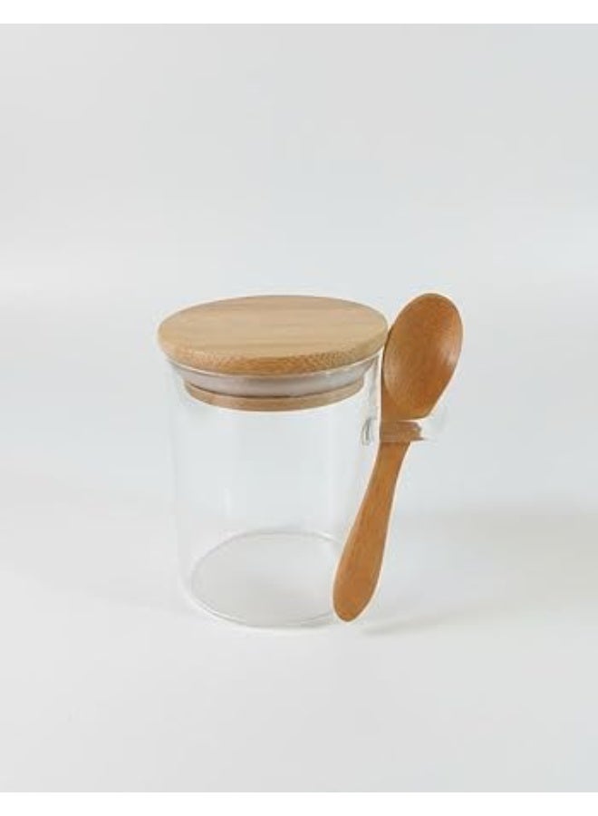 سبيس شوب وعاء توابل زجاجي سعة 200 مل مع غطاء وملعقة من الخيزران زجاج بوروسيليكات شفاف غطاء خشبي محكم الإغلاق مع حامل ملعقة مدمج مثالي للسكر والملح والقهوة والتوابل - Image 1