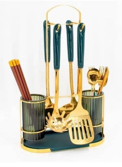 FALMER 1 Piece Countertop Kitchen Utensil Holder 2 Cup Cooking Cutlery Rack for Spoon Fork Knife - Green  - Image 1
