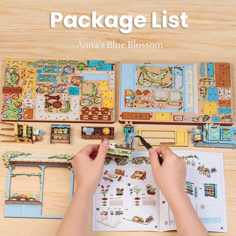 Fsolis Book Nook Kit - DIY Scene Miniature Dollhouse Kit for Adults, Bookshelf 3D Puzzles 255PCS, Tiny House Mini Flower Shop Model Booknook Craft, Gifts for Women Puzzle Lovers (Anna's Blue Blossom) - Image 5