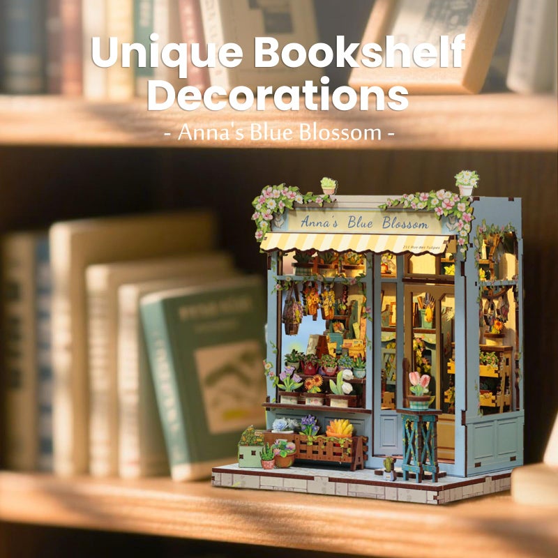 Fsolis Book Nook Kit - DIY Scene Miniature Dollhouse Kit for Adults, Bookshelf 3D Puzzles 255PCS, Tiny House Mini Flower Shop Model Booknook Craft, Gifts for Women Puzzle Lovers (Anna's Blue Blossom) - Image 3