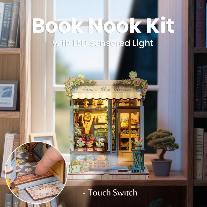 Fsolis Book Nook Kit - DIY Scene Miniature Dollhouse Kit for Adults, Bookshelf 3D Puzzles 255PCS, Tiny House Mini Flower Shop Model Booknook Craft, Gifts for Women Puzzle Lovers (Anna's Blue Blossom) - Image 4