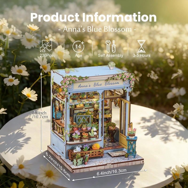 Fsolis Book Nook Kit - DIY Scene Miniature Dollhouse Kit for Adults, Bookshelf 3D Puzzles 255PCS, Tiny House Mini Flower Shop Model Booknook Craft, Gifts for Women Puzzle Lovers (Anna's Blue Blossom) - Image 2